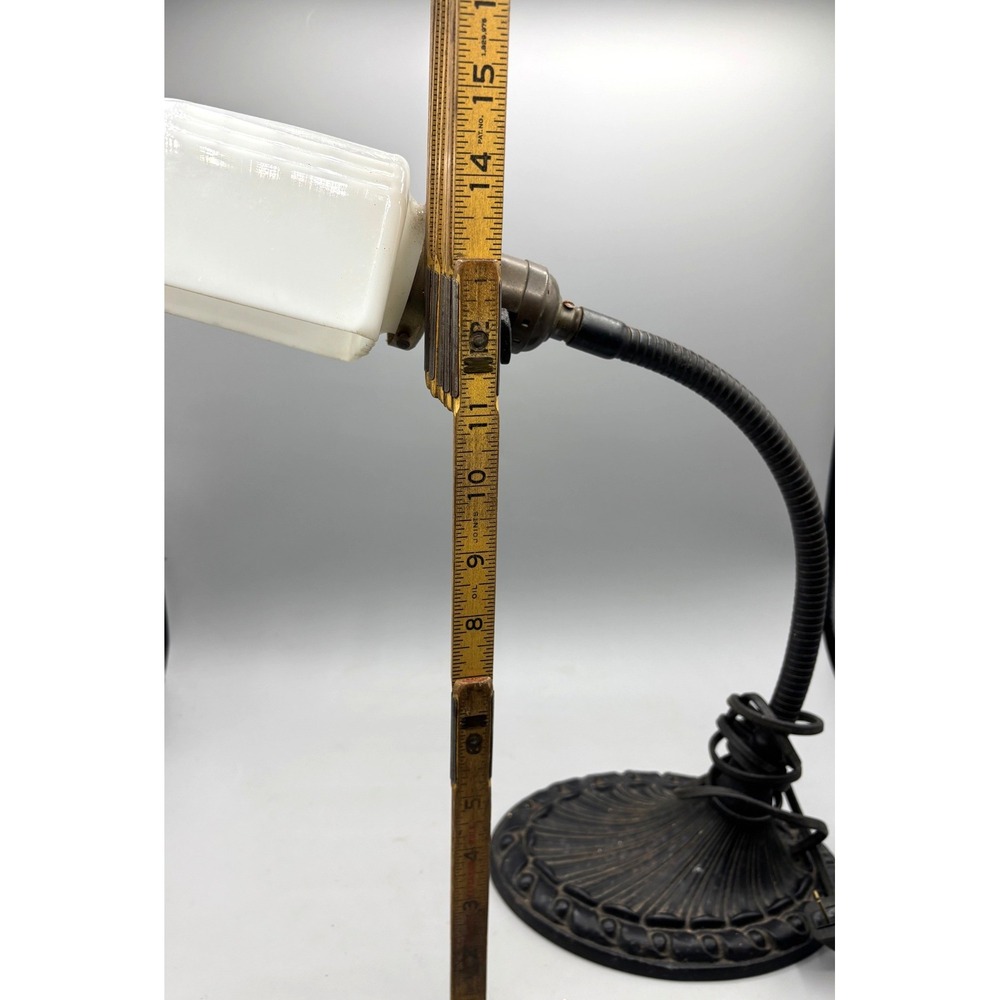 Vintage Art Deco Gooseneck Desk Lamp Cast Metal Shell Base Milk Glass Step Shade - Picture 8 of 9